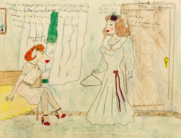 a drawing by self-taught artist Mary P. Corbett of her &quot;The Catville Kids&quot; at an ice skating party, one of the young women is kissing The Lone Ranger