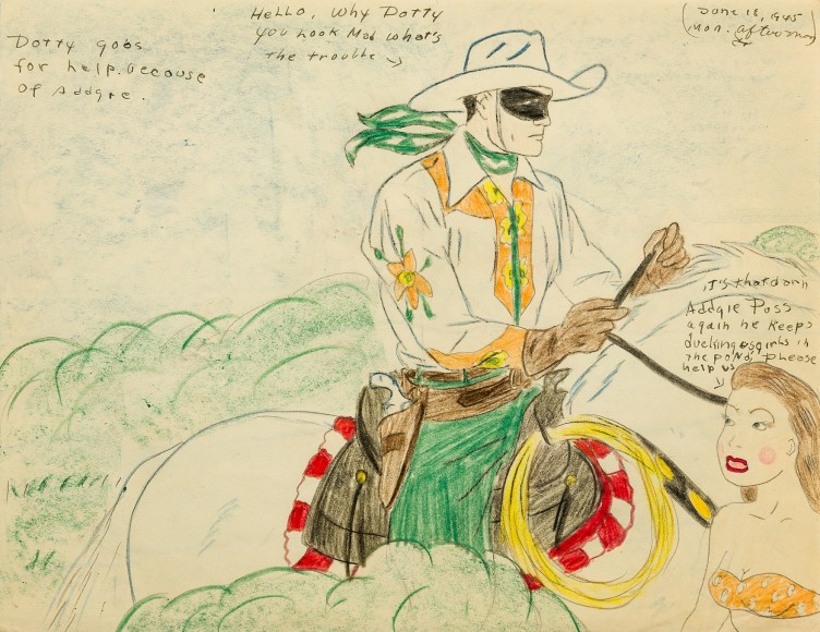 a drawing by self-taught artist Mary P. Corbett of her &quot;The Catville Kids&quot; in which The Lone Ranger talks to a bikini-clad young woman