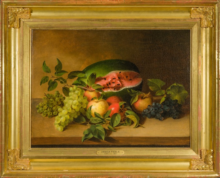 JAMES PEALE (1749&ndash;1831), &quot;Still Life with Watermelon,&quot; 1829. Oil on canvas, 20 x 26 1/2 in. Showing gilded cove frame with applied leaf corner ornaments.
