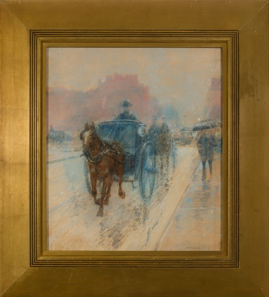 FERNAND HARVEY LUNGREN (1857–1932), "Carriage in the Rain," about 1890–1901. Pastel on paper mounted on card, 22 1/2 x 20 in. Showing gilded frame.