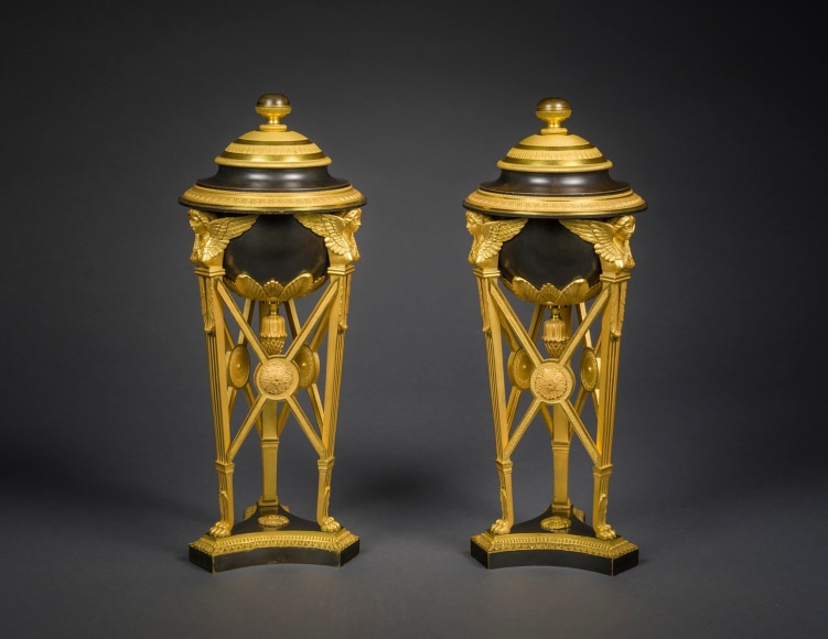Pair Tripod Urns with Covers, in the Empire Taste, about 1815. French. Ormolu and patinated bronze. 13 1/2 in. high