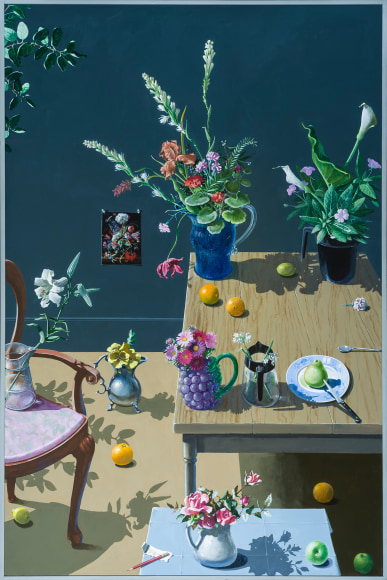 Paul Wonner (1920&ndash;2008), Dutch Still Life with Flowers in Pitchers, Two Tables and a Chair, 1988