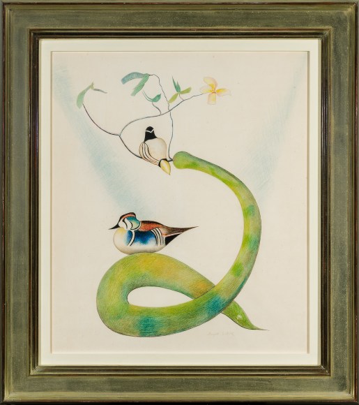 JOSEPH STELLA (1877–1946), "Two Wood Ducks on a Flowering Branch," about 1920–25. Pencil, crayon, and colored pencil on paper, 25 3/4 x 22 1/4 in. Showing gilded modernist frame.