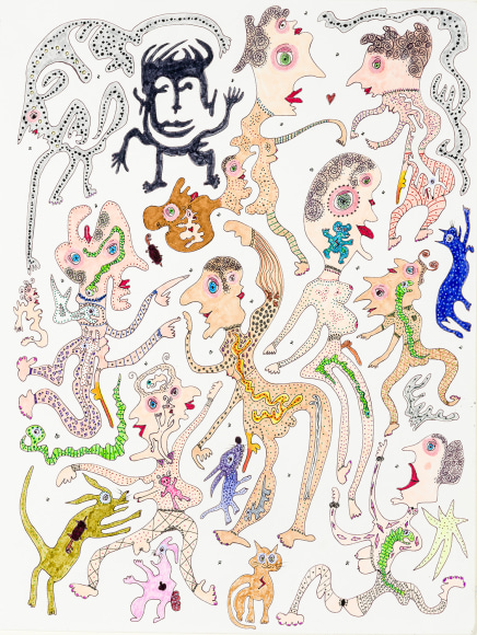 a fantastical drawing of figures and animals by self-taught artist Jeanne Brousseau