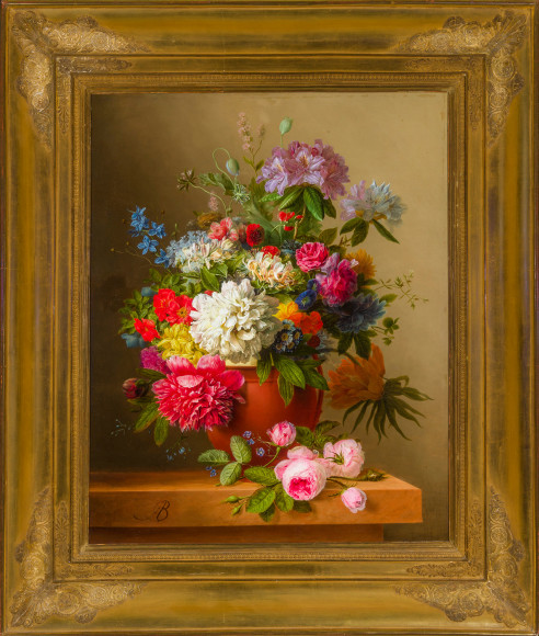 ARNOLDUS BLOEMERS (1792–1844), Still Life of Peonies, Roses, Honeysuckle, Poppies, and other Flowers. Oil on canvas, 30 x 24 in. Showing gilded Neo-Classical style frame with ornamented corners.