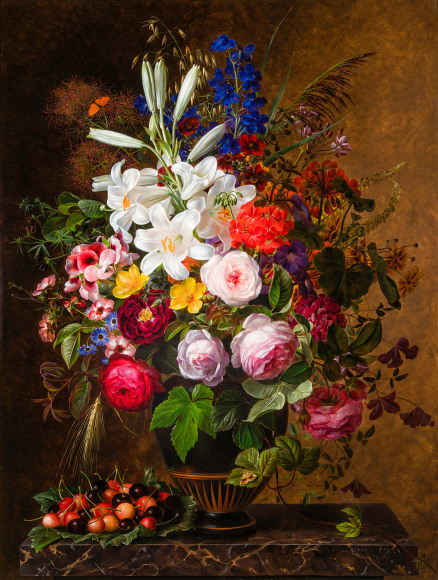 JOHAN LAURENTZ JENSEN (Danish, 1800–1856), "Lilies, Orange and Pink Pelargonium, Roses and other Flowers in a Greek Vase on a Marble Ledge with Cherries," 1848 Oil on wood panel, 31 x 23 1/2 in.