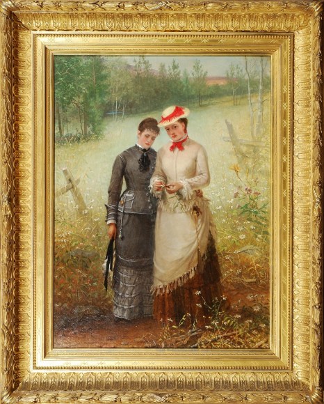 THOMAS HICKS (1823–1890), "The Sisters," 1874. Oil on canvas, 27 1/8 x 20 1/8 in. Showing period gilded cove frame.