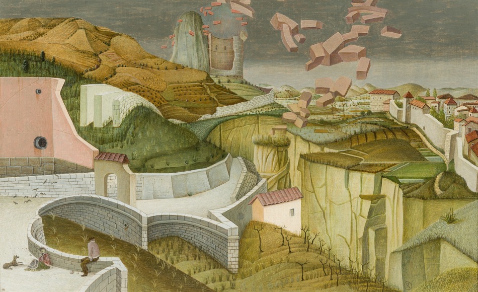 JULES KIRSCHENBAUM (1930–2000), "Destruction of Babel," 1956. Tempera on canvas on Masonite, 15 x 24 in.