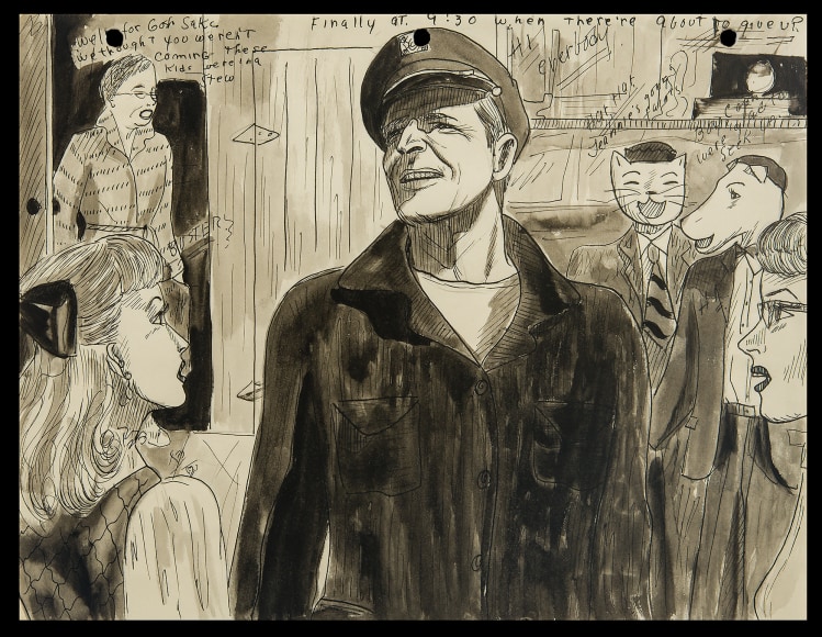 Mary P. Corbett (1930&ndash;2019), &quot;Untitled (Finally at 9:30 when ther're about to give up...&quot;, c. 1949. Ink on paper, 8 1/2 x 11 in.