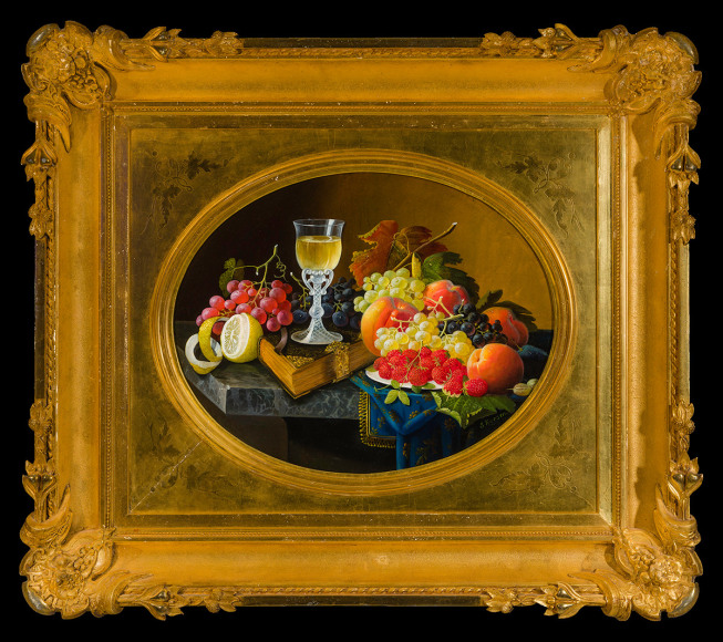 SEVERIN ROESEN (about 1815–1872), "Still Life of Fruit, Goblet, and Book on a Marble Table," about 1863–70. Oil on wood panel, 15 x 19 in.