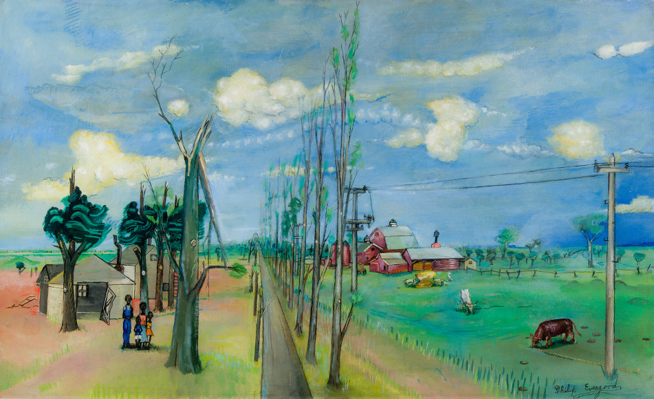 PHILIP EVERGOOD (1901–1973), "Fat of the Land," c. 1940–41. Oil on canvas, 28 x 46 in.