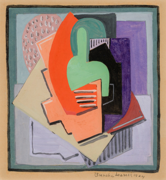 BLANCHE LAZZELL (American, 1878&ndash;1965), &quot;Study for 'Painting No. I' (Still Life with Bottle, Piano,&nbsp;and Guitar),&quot; 1924. Oil and gouache on paper, 10 x 9 1/4 in.