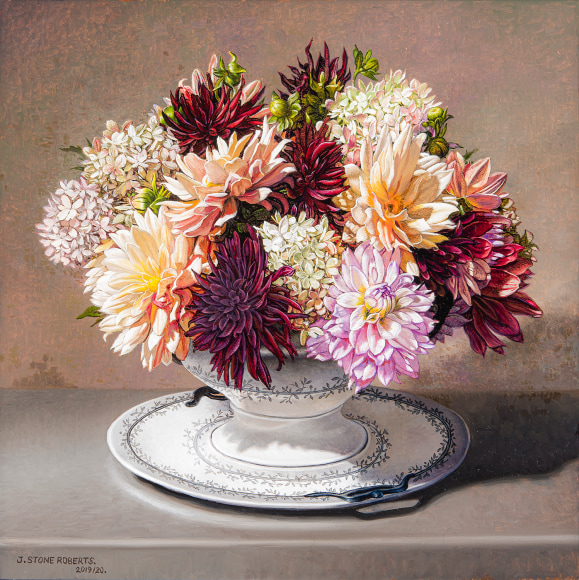 STONE ROBERTS (b. 1951), &quot;Dahlias and Hydrangeas in Porcelain Terrine,&quot; 2019&ndash;20. Oil on panel, 12 x 12 in.