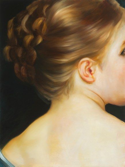 painting of the side of a woman's head with her hair in a bun with a dark-blue background