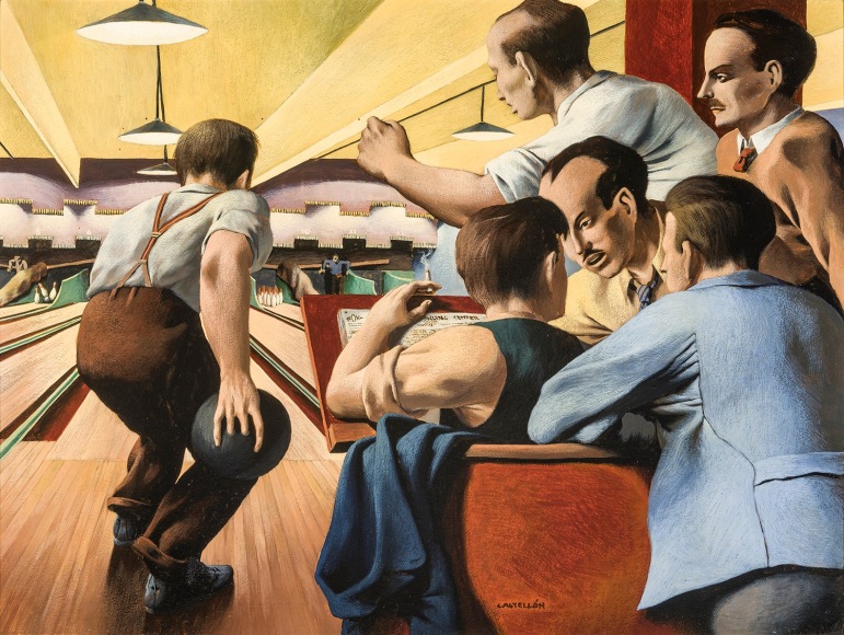 FEDERICO CASTELLÓN (1914–1971), "Bowling Night," about 1940–42. Oil on board, 19 x 24 in.