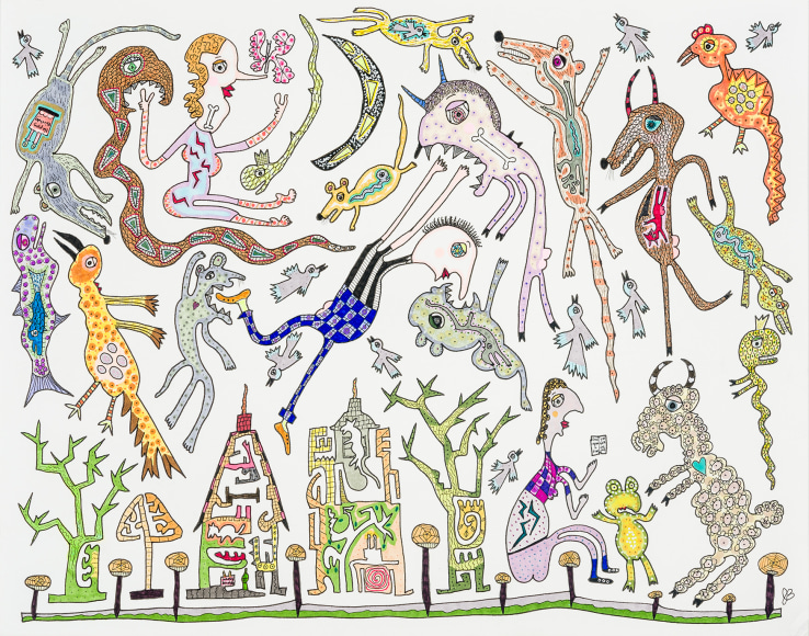 a drawing by self-taught artist Jeanne Brousseau of animals and people floating over a street and trees