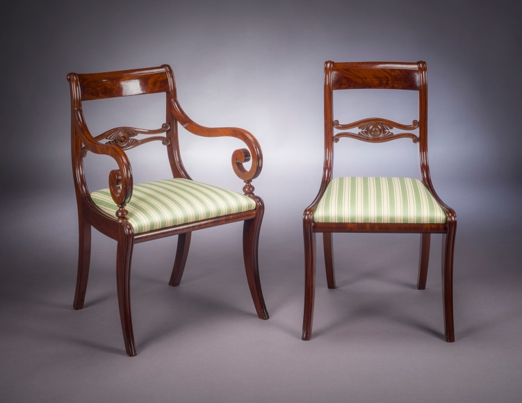 Set of Eight Klismos-form Dining Chairs (two arms and six sides), about 1820, New York ?