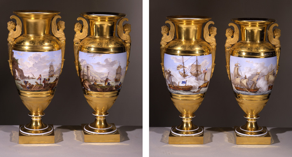 &quot;Pair 'Old Paris' Vases with Scenes from the War of 1812, and French Harbor Scenes,&quot; about 1820&ndash;25. French. Porcelain, painted and gilded.