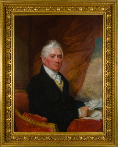 GILBERT CHARLES STUART (1755–1828), "Portrait of Barney Smith," about 1825. Oil on wood panel, 39 x 29 1/4 in. Showing original gilded "Carlo Maratta" frame.