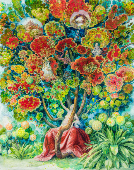 a painting by Julie Heffernan of a woman in a large red skirt, sitting in a tree trunk whose branches contain abstract flowers and scenes from art historical paintings