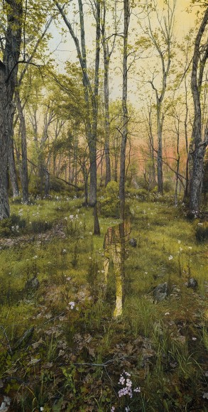 an egg tempera painting by Colin Hunt of a silhouette's void in a landscape