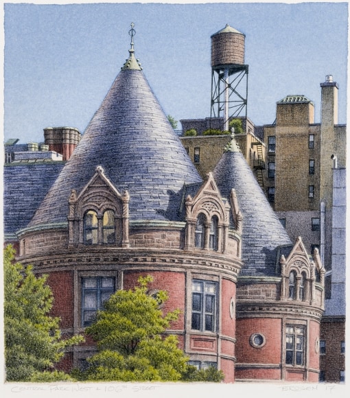 watercolor painting of New York City rooftops