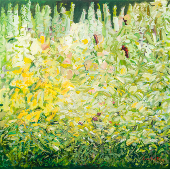 Cornelia Foss (b. 1931), &quot;Hollyhocks and Foxgloves,&quot; 2019. Oil on canvas, 48 x 48 in.