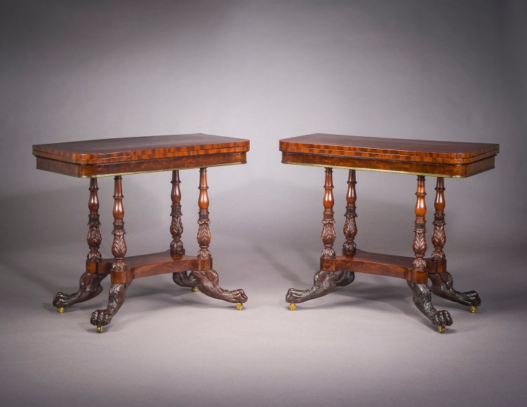 Pair Card Tables in the Neo-Classical Taste, about 1820. New York, possibly by Michael Allison. Mahogany and ebony, with brass line inlay, gilt-brass castors and hinges, and marbled paper 29 7/8 in. high, 35 7/8 in. wide, 18 in. deep
