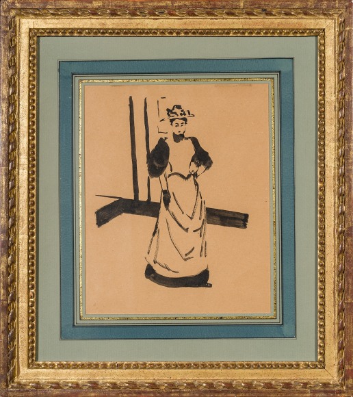 ROBERT HENRI (1865–1929)," Lady in Interior," c. 1892–94. Ink on brown paper, 10 1/2 x 8 1/2 in. Showing gilded Louis XVI-style watercolor frame and French mat.