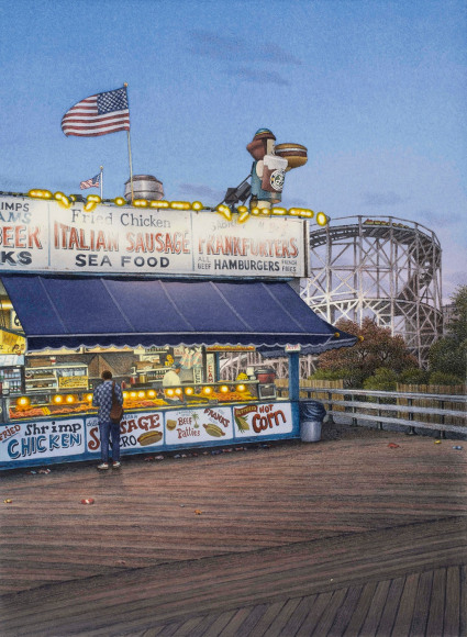 Image of Frederick Brosen's "Along the Boardwalk" watercolor over graphite on paper, 19 by 14 inches, painted in 2017.