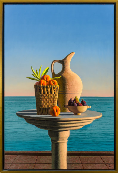 a tabletop still life of peaches, figs and a ceramic pitcher by calm ocean water