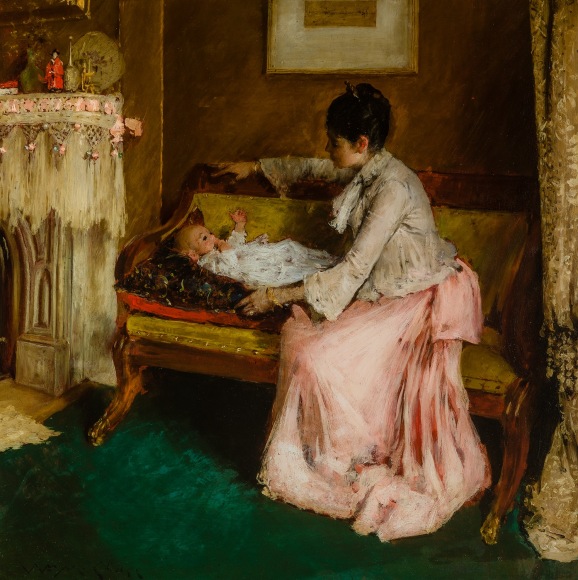 WILLIAM MERRITT CHASE (1849–1916), "A Mother’s Joy," 1889. Oil on wood panel, 17 x 17 in.