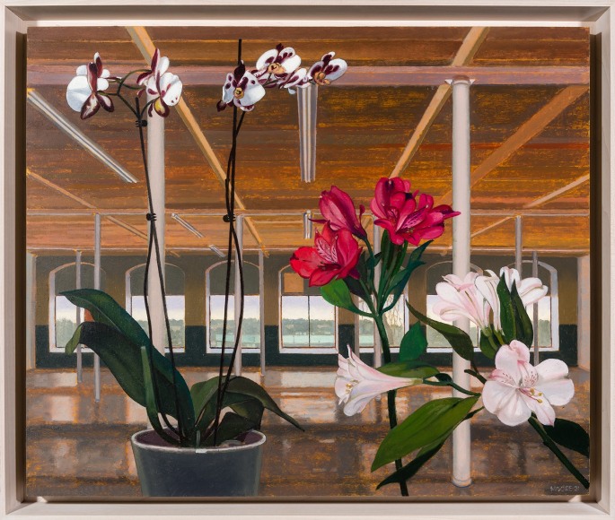 a painting by John Moore of orchids and lilies with an open, industrial loft as a background