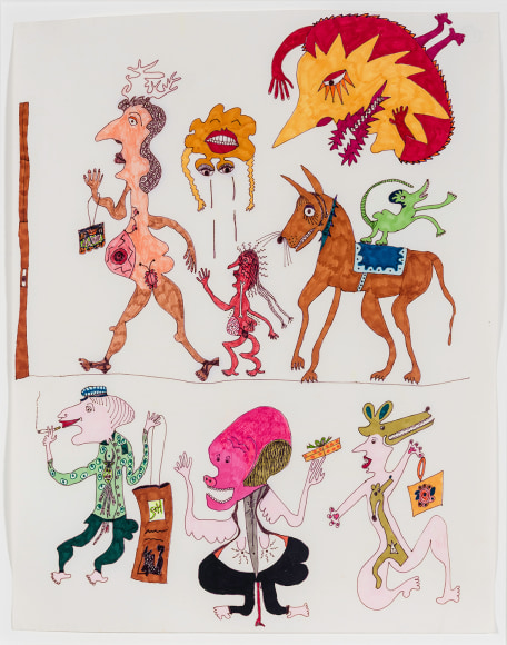 a fantastical drawing of figures and animals walking by self-taught artist Jeanne Brousseau