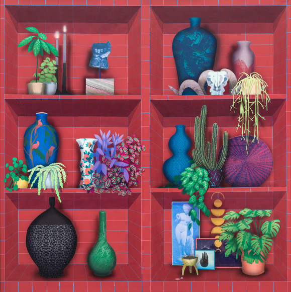 A painting of an array of flatly-painted objects and plants sitting in red, recessed shelves.