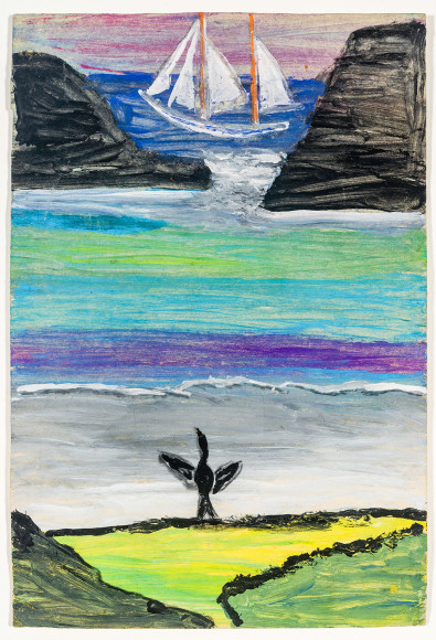 FRANK WALTER (1926&ndash;2009), &quot;Coastal Scene with Boat, Cliffs, and Shorebird,&quot; Mixed media on paper, 9 3/8 x 6 1/4 in.