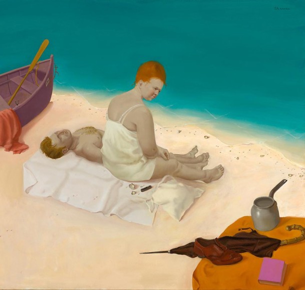 a surrealist painting by Honoré Sharrer of a man and woman at the beach with a tabletop arrangement of a pitcher, a shoe, an umbrella and a book in the corner
