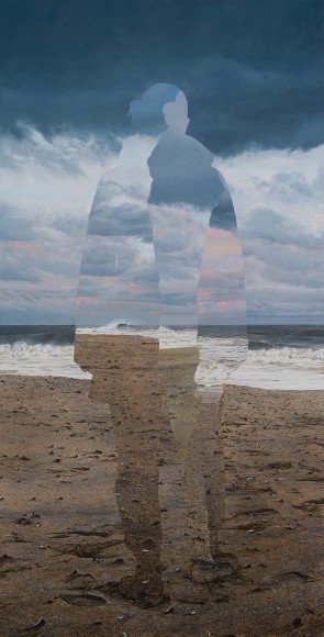 egg tempera painting with multiple views of the same landscape layered on top of each other in the shape of a person
