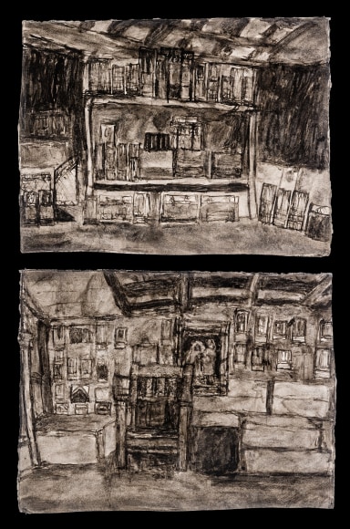 a double-sided drawing by self-taught artist James Castle of an interior on one side and bedroom on the other side