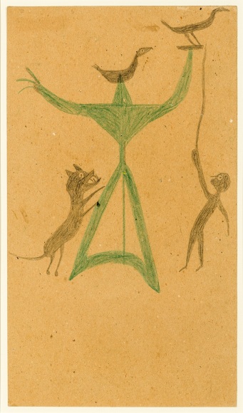 BILL TRAYLOR (1854&ndash;1949), &quot;Untitled (Birds, Dog and Man with Green Construction),&quot; c. 1939&ndash;42. Colored pencil and pencil on cardboard, 9 3/4 x 8 in.