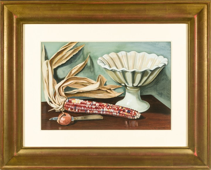 GEORGE COPELAND AULT (1891–1948), "Corn from Iowa," 1940. Gouache on paper, 13 1/2 x 19 3/4 in. Showing gilded modernist frame and rag board window mat.