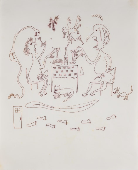 a fantastical drawing of a man and woman eating surrounded by animals by self-taught artist Jeanne Brousseau