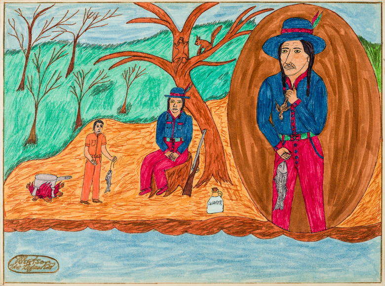 Willard Watson, aka &quot;The Texas Kid&quot; (1921&ndash;1955), &quot;Grandfather Frazier, A Choctaw, Taking me Fishing,&quot; 1981. Colored marker and pencil on board, 15 x 20 1/4 in.