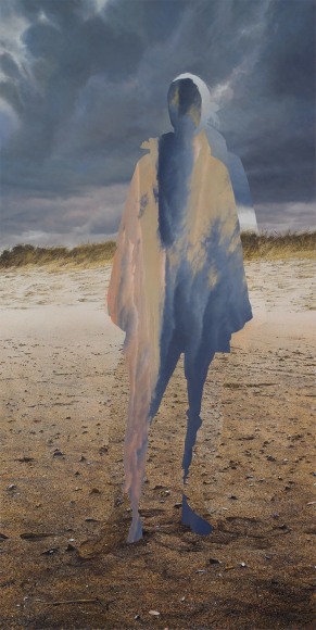 an egg tempera painting by Colin Hunt of a silhouette standing on the beach, whose void is filled with different views of clouds