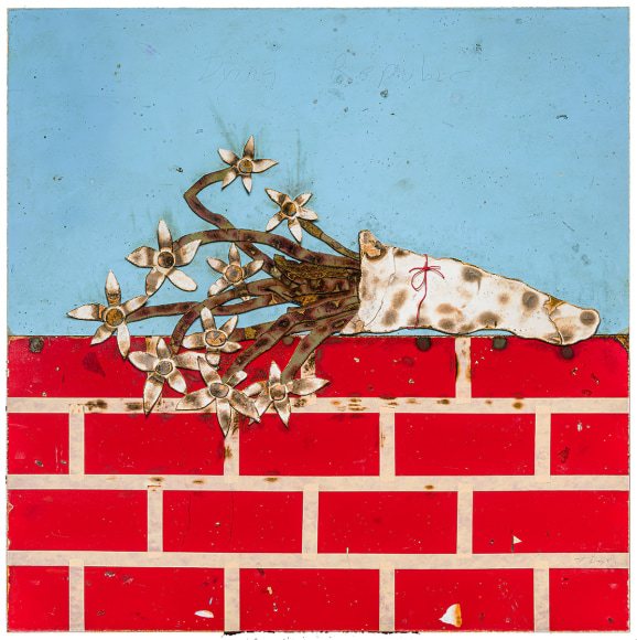 trompe l'oeil oil painting of a burned cartoonish flowers in a brick wall