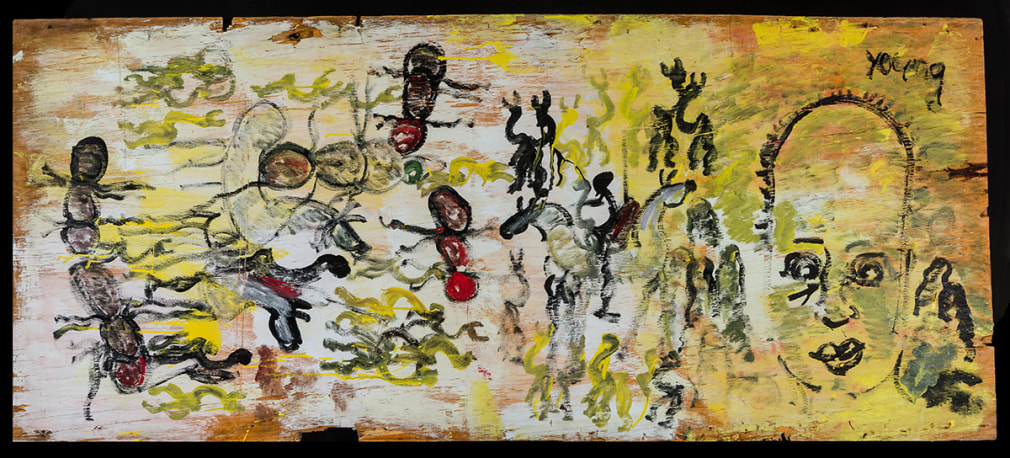 a painting by self-taught artist Purvis Young of a figure surrounded by Zulu riders and ants