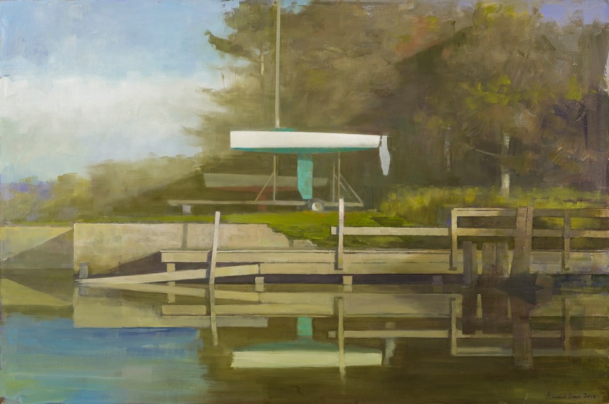 a painting of a boat on a trailer next to a dock