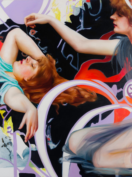 a painting by Angela Fraleigh of two women from various art historical sources waking in a complex tangle of Art Nouveau-patterned swirls