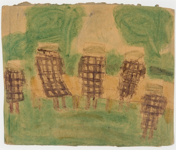 James Castle (1899&ndash;1977), &quot;Untitled (Five Sisters in Purple).&quot; Soot, spit, and color pigment on found paper, 9 1/4 x 11 in.