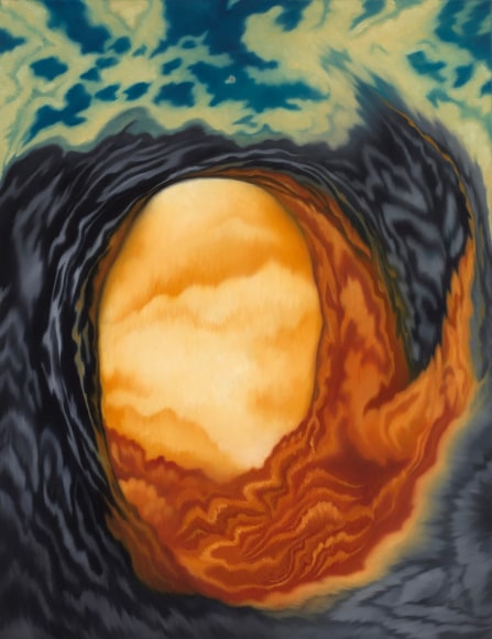 a painting by Jenny Morgan of a fabric-like landscape folding over on itself